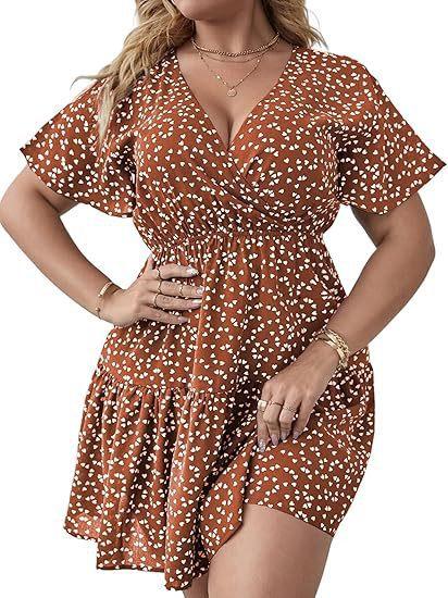 Women's Plus Size V-Neck Ruffle Edge Short Sleeve Wrap Printed Dress