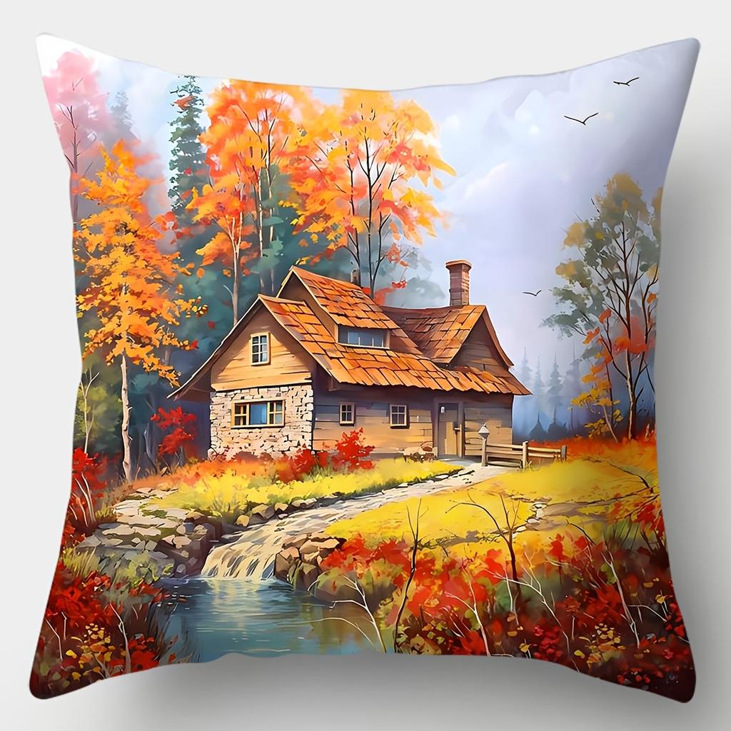 4PCS Seasonal Scenery Pillow Covers, Sofa Cushion Covers, Zipper Closure, Woven Style Lumbar Pillow Cases, for Living Room