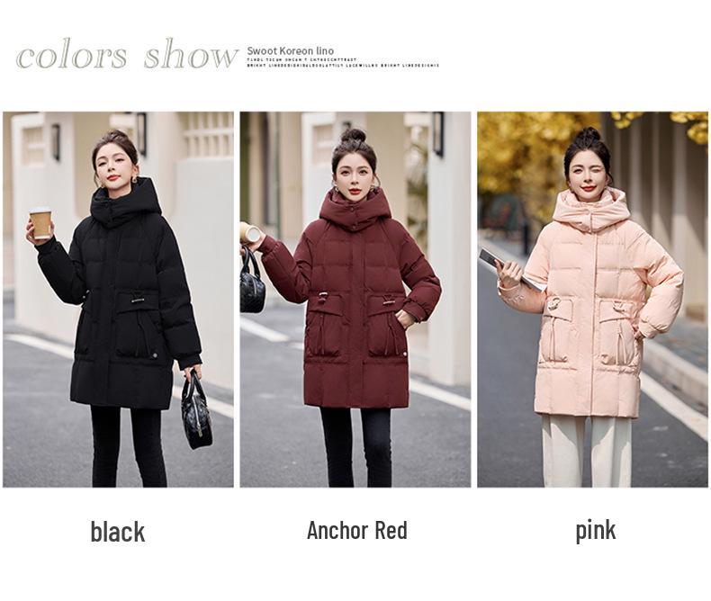 Women's Mid-Length Red Down Jacket, Winter 2024 Style, Loose Fit, Casual Thick Ankara Coat