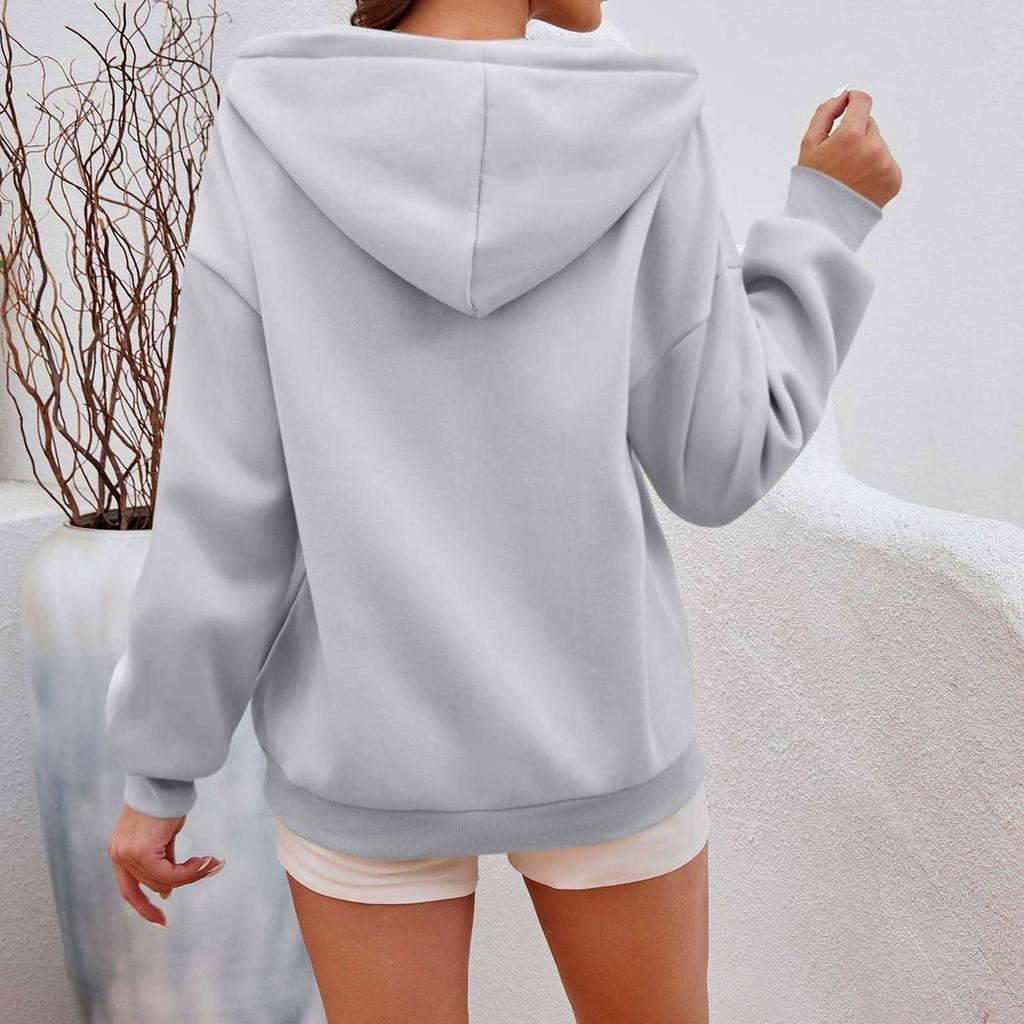 Women's Fashion Hooded Top Zip Drawstring Pocket Padded Long Sleeve Casual Sweatshirt