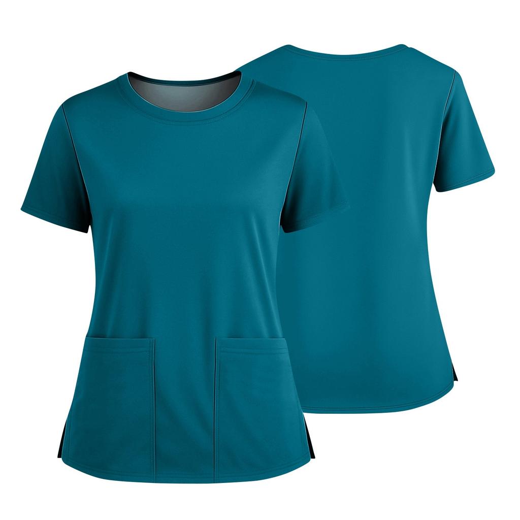 Dámská módní barevná kulatý výstřih kapsa krátký rukáv košile s rozparkem spodní lem uniforma a pracovní top