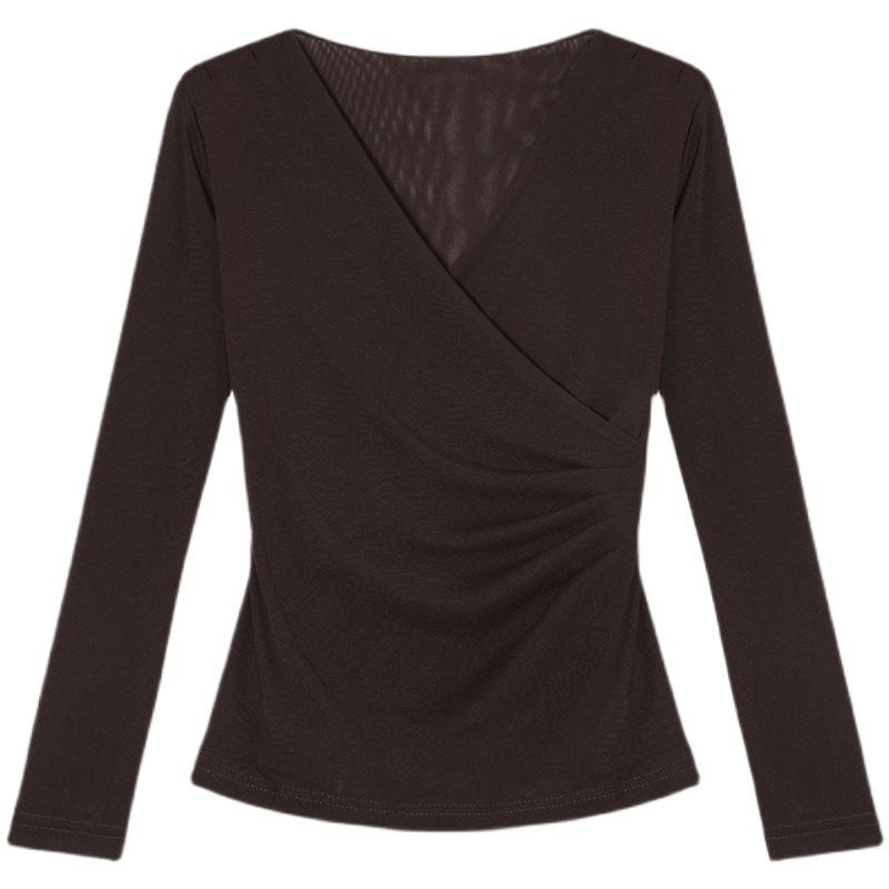 Solid Color Mesh V-neck Long Sleeve T-shirt for Women - Trendy Autumn Mom Base Layer Top