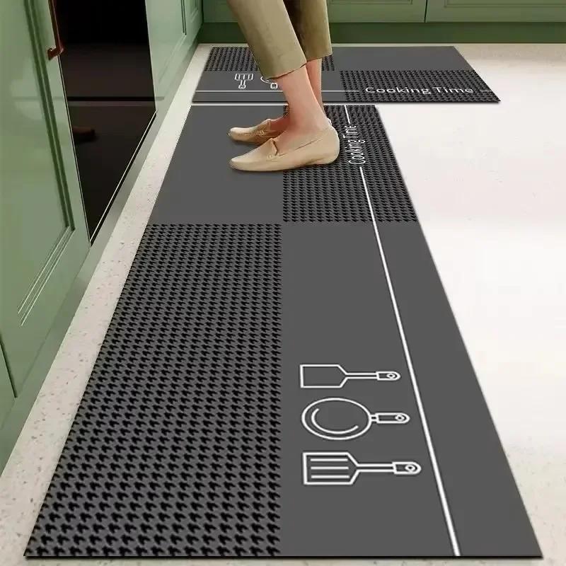 Kitchen Floor Mat Pvc Waterproof Leather Carpet Black Carpets Long Foot Mats Non-slip Oil-proof Modern Home Decoration Rug