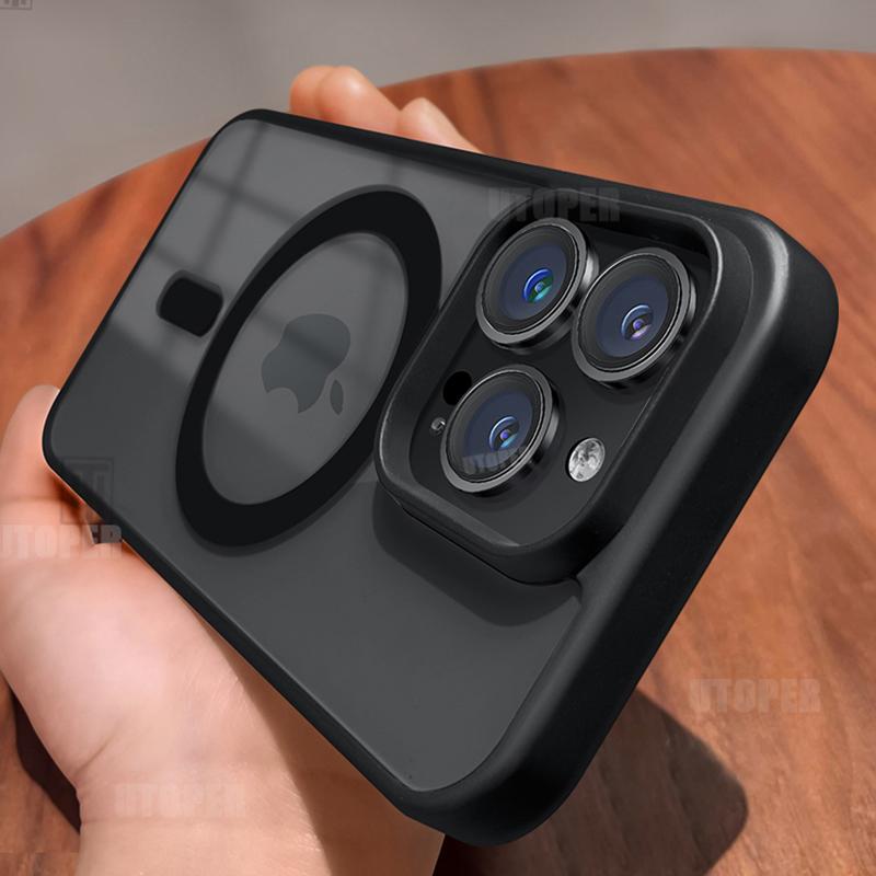 New Matte Border Transparent Antiskid Case for iPhone 16 15 14 13 12 11 Pro Max Plus Strong Magnetic Magsafe Hard Protect Cover