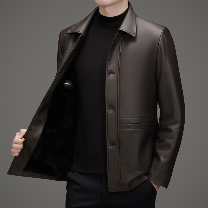 Men's Mid-Length Fleece-Lined Leather Jacket with Turn-Down Collar, Plus Size, Casual Coat