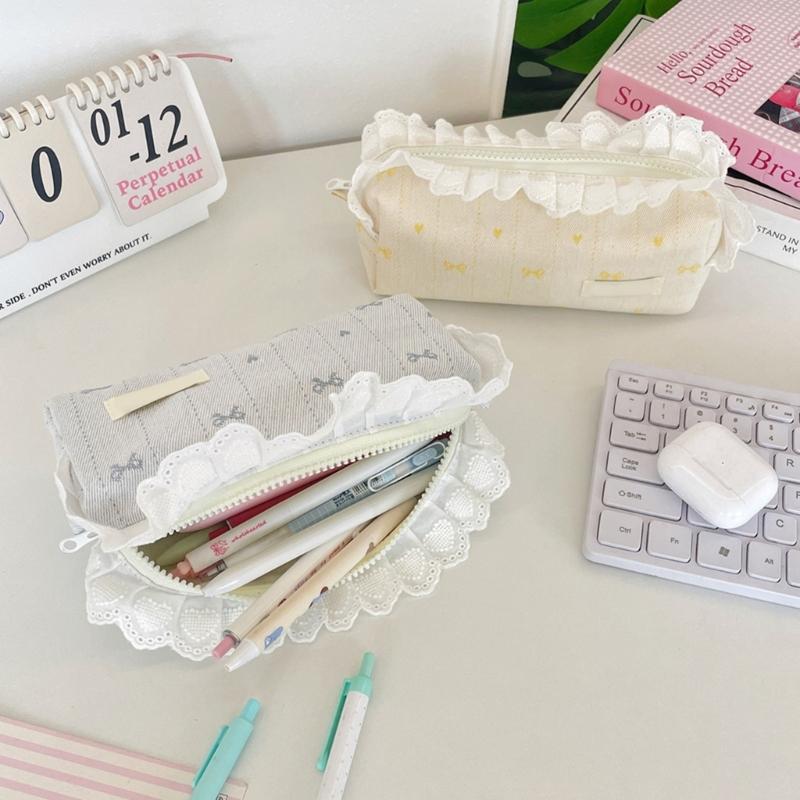 Lace Trim Pencil Case with Top Closure, Embroidered Heart Design for School Supplies, Desk Storage and Journaling