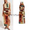 Summer Women's Round Neck Sleeveless Bowknot Decoration Tropical Style Print Midi Skirt Long Dress 8109360