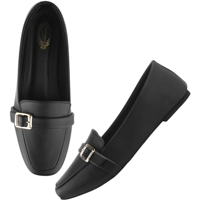 Shoetopai Women'S Black Classic Loafer Belly Shoes With Buckle Detail Comfortable Slip-On Flats For Office & Daily Eu37