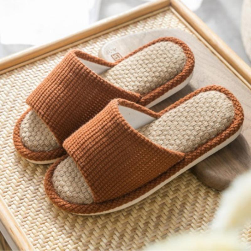 Summer home indoor couple linen slippers men and women open floor slippers non-slip soft bottom