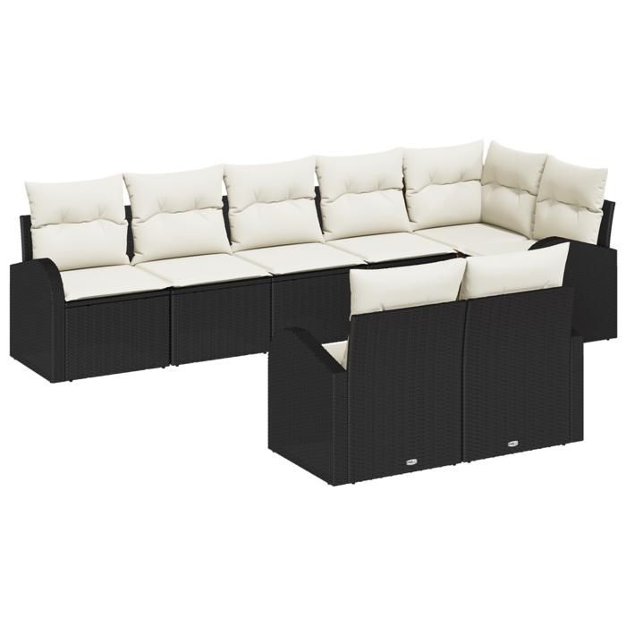 Ensemble de canapé de jardin de 8 pièces avec coussins en rattan noir, Canapé de jardin 2 places avec rangement et coussins 3354756