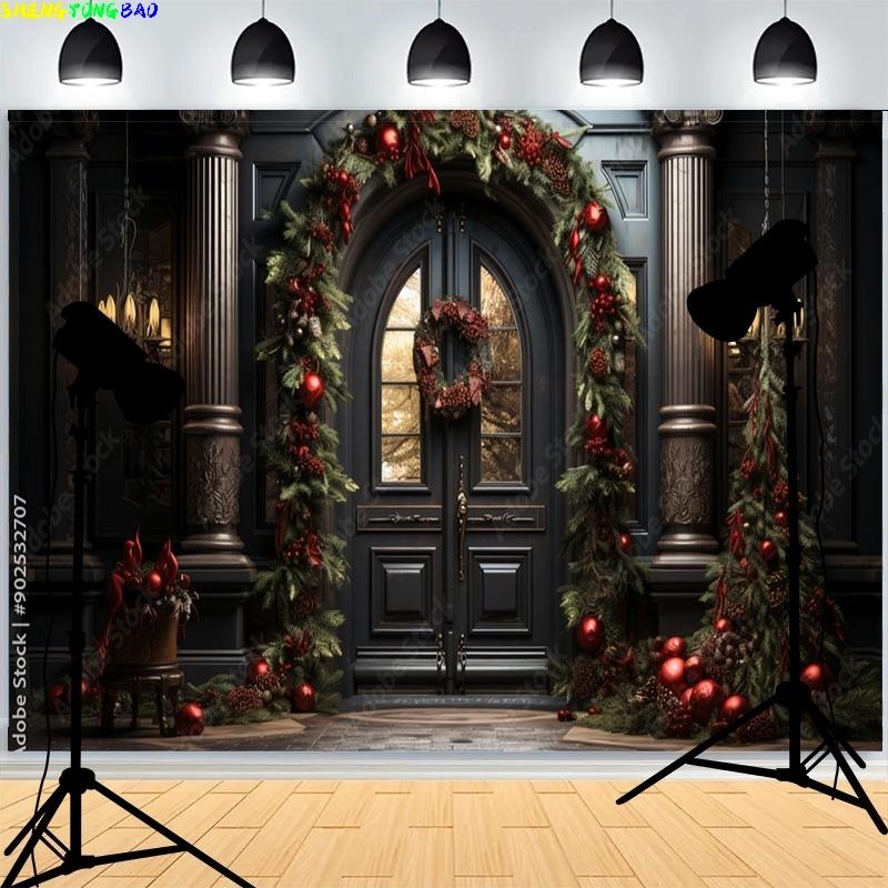 Christmas Day Wreach Snowflake Photography Backdrops Front Door Winter New Year Cottage Living Room Decoration Background DD-06