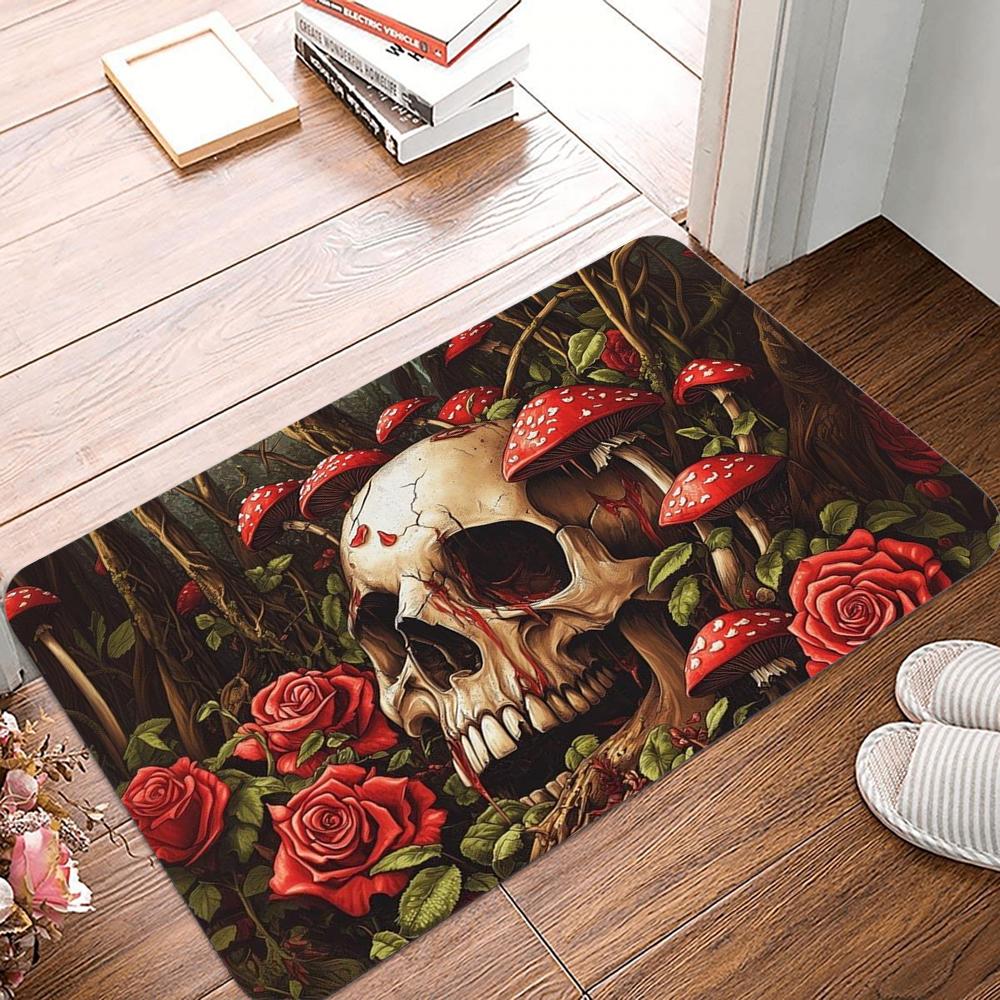 Aesthetic Mushroom Skull Printed Kitchen Carpet Living Room Dining Room Laundry Floor Mat Bath Balcony Hallway Non-Slip Door Mat