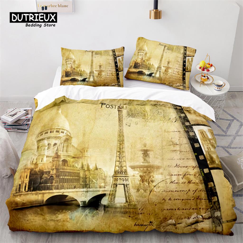 Eiffel Tower Duvet Cover Microfiber Paris Cityscape In The Clouds Bedding Set King Size For Kids Adults Romantic Comforter Cover