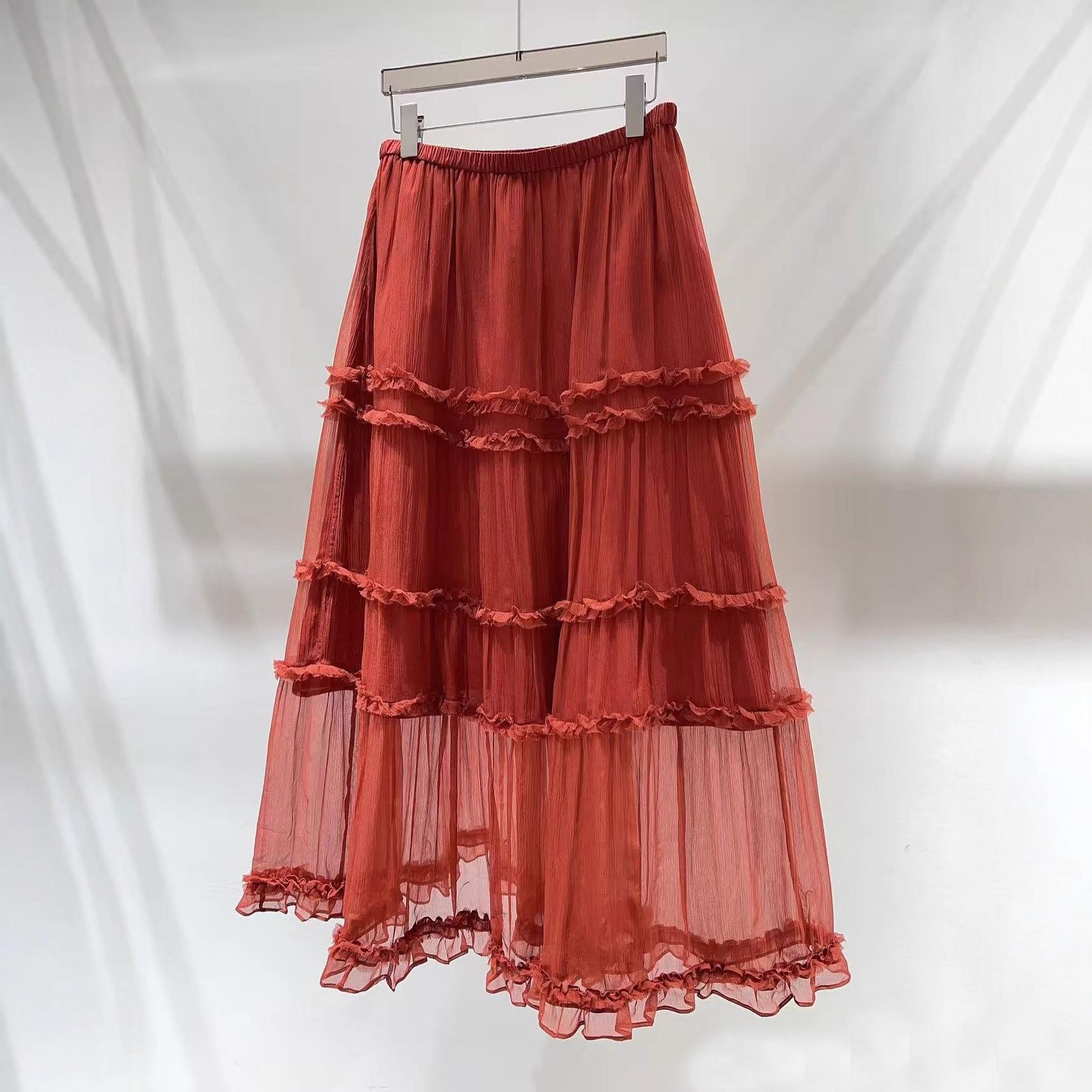 Elegant Red High-Waist Mesh Ruffle Pleated Long Skirt for Winter Medium красный