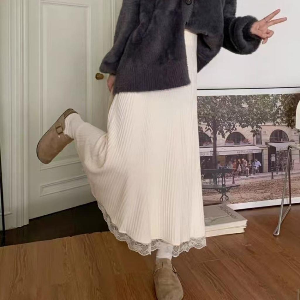 Korean-Style Women's Autumn Winter High Waist Slim-Fitting Knitted Midi Skirt with Lace Trim A-Line Versatile Knitted Skirt