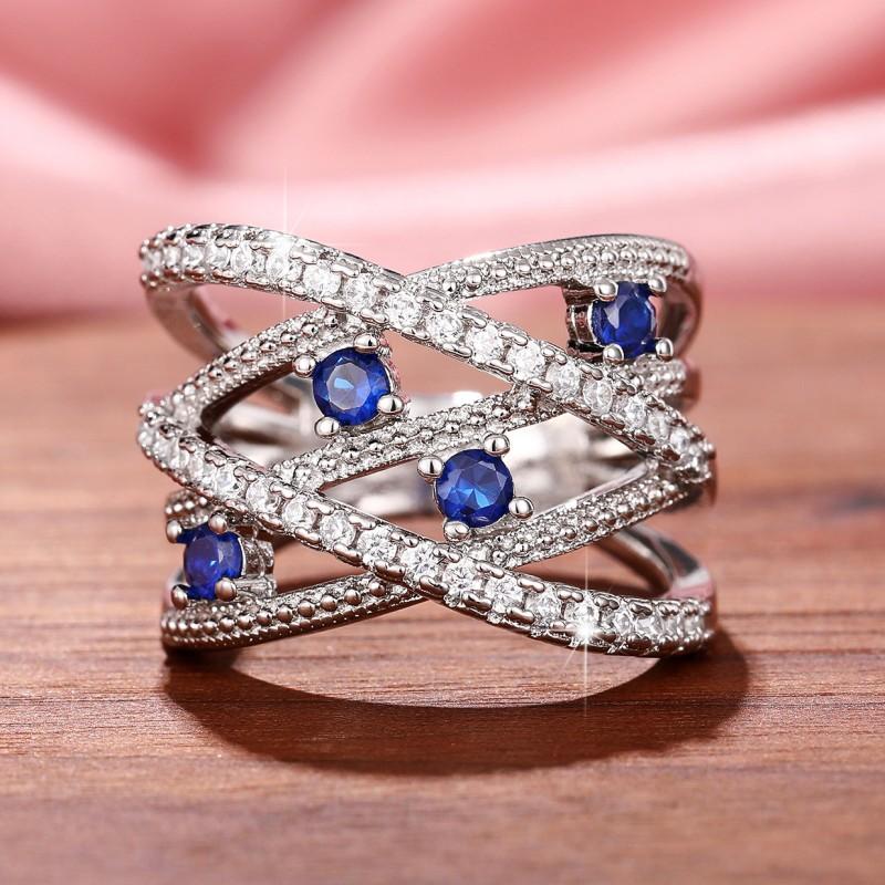 Huitan Gorgeous Cross X Shape Rings Full Paved Sparkling White/Blue CZ Hyperbole Bridal Wedding Party Finger Jewelry for Women