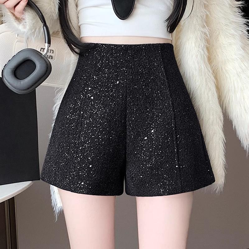 Black Woolen High Waist Women's Booty Shorts - Autumn Winter 2024 Korean Style Slim Fit Straight-Leg Shorts