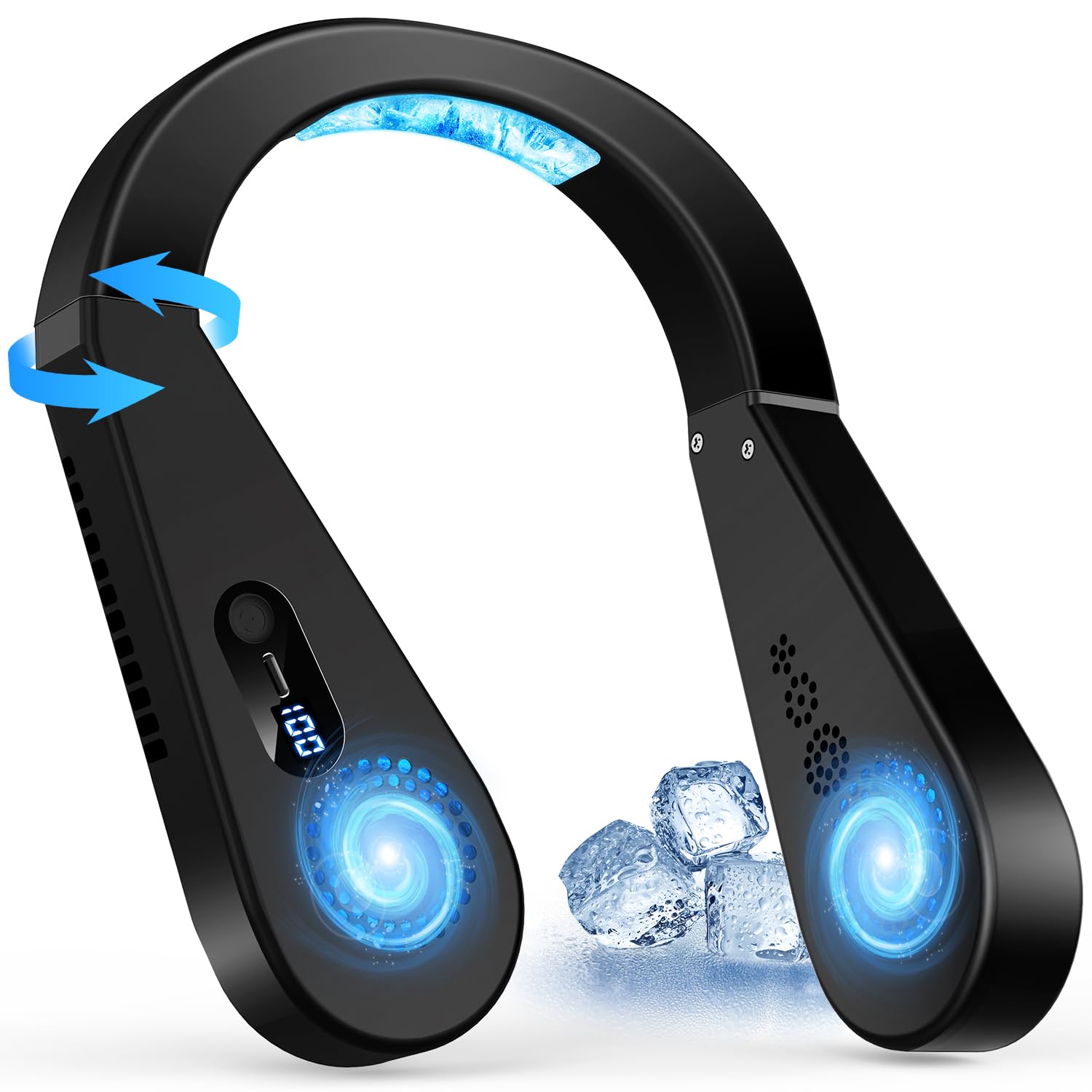 

Шейный шейный портативный вентилятор с охлаждающей пластиной для свободного ветра LED-подсветка для шеи 7000 мАч Большой Длительная работа Тепловой удар Идеально подходит для фейерверков на открытом воздухе и чёрный