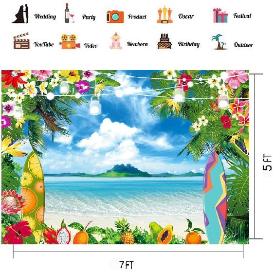 CHAIYA 7x5ft Summer Hawaiian Beach Photography Backdrop Tropical Luau Palm Floral Photography Background for Birthday Baby Shower Party Decorations