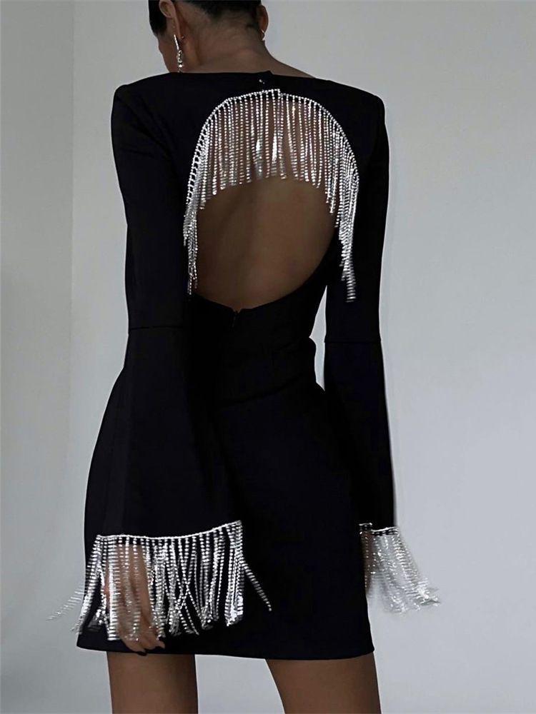 European & American Tassel Fashion Black Midi Dress with Trumpet Sleeves and Open Back, 2024 Collection