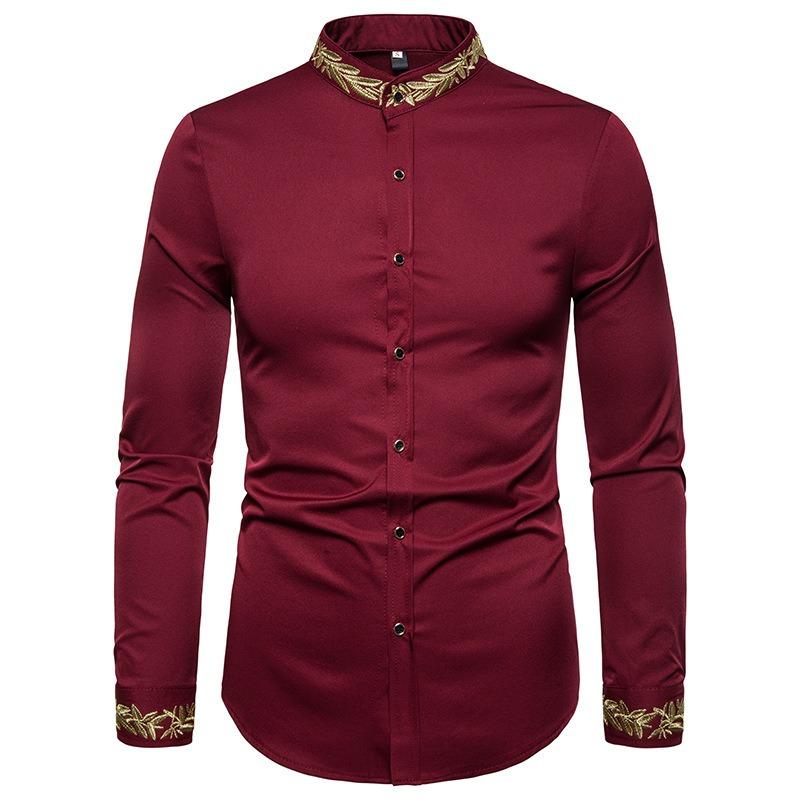 Camisa Casual de Manga Larga con Cuello Alto Bordado de Moda para Hombre Talla Europea