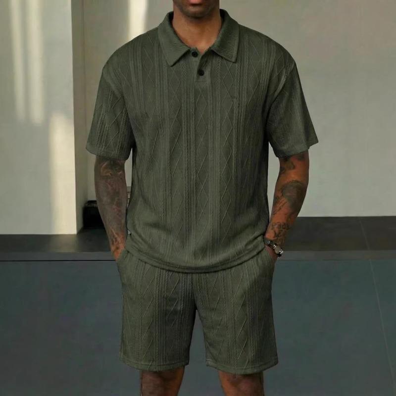 Men Cable Knit Texture 2 Piece Outfit Short Sleeve Polo Shirt And Casual Shorts Set