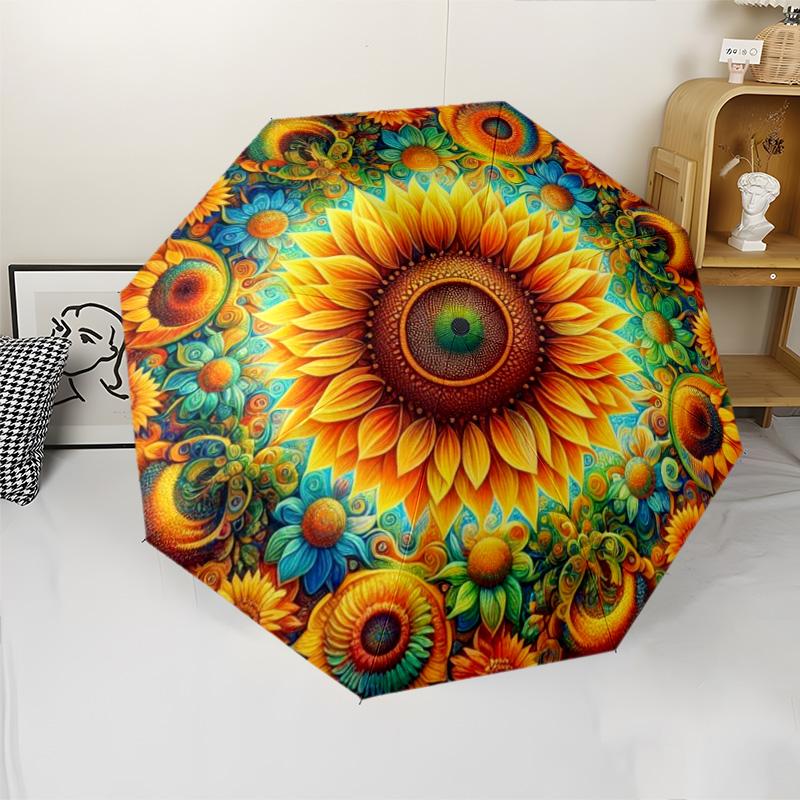 Vibrant Sunflower Mandala Print Umbrella, Psychedelic Floral Sun/Rain Umbrella