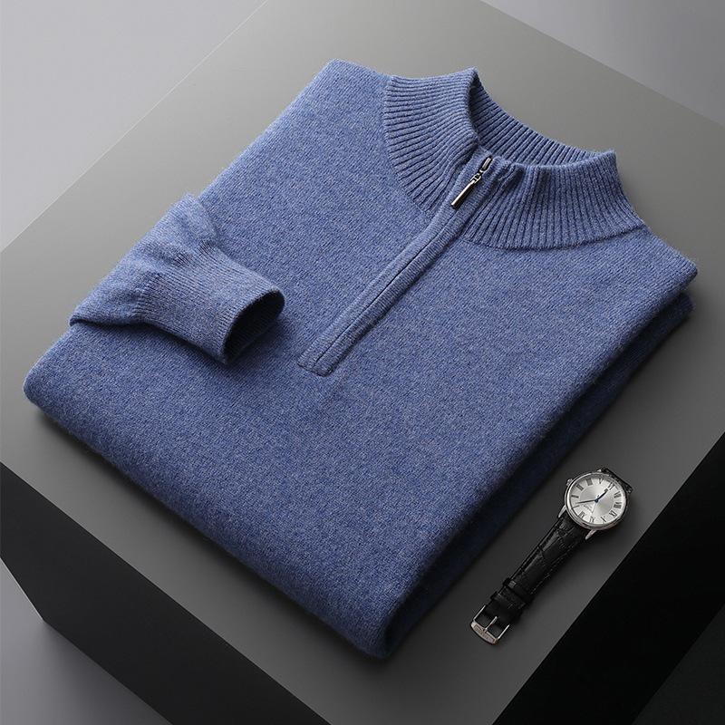 Men's 100% Pure Wool Half-Zip Sweater - Thickened Knit Base Layer for Autumn and Winter