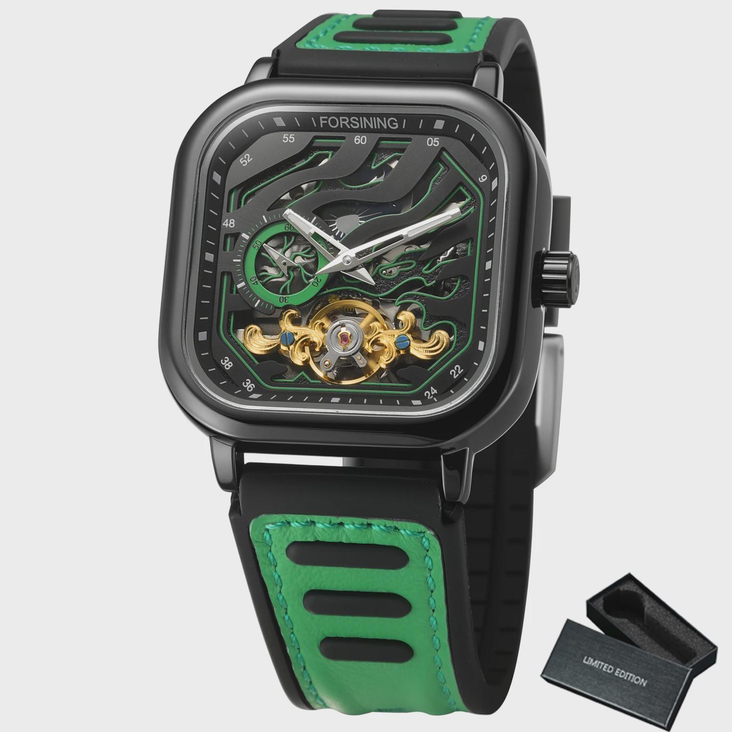 

Forsining Leather Rubber Strap Sports Wristwatches Fashion Mechanical Watch for Men Square Tourbillon Skeleton Automatic Watches зелёный