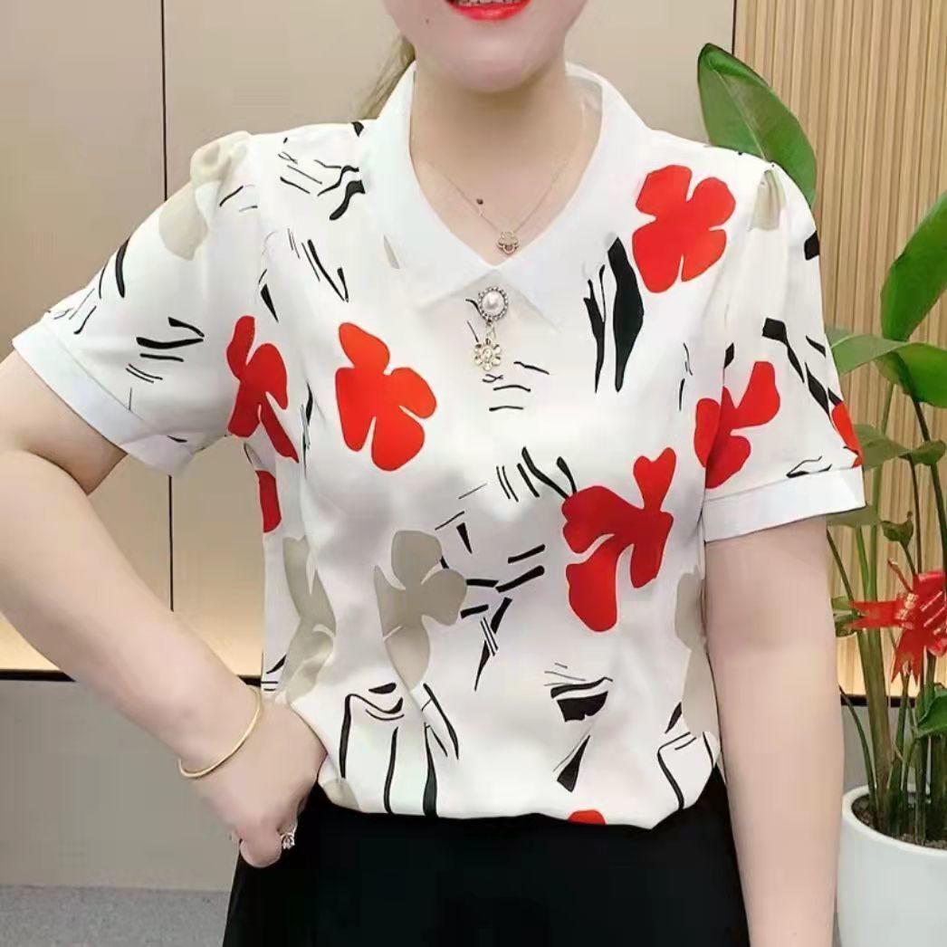 

2022 Women s Chiffon Blouse: Short Sleeve, Peter Pan Collar, Loose Fit for Middle-Aged and Elderly L (100-115 jin) красный