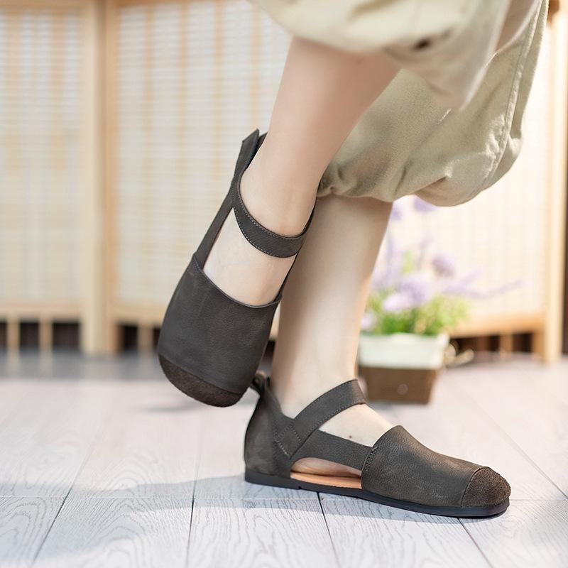 

First layer cowhide retro sandals shallow mouth round head flat sole single shoes versatile soft sole women s shoes breathable 35 сірий колір