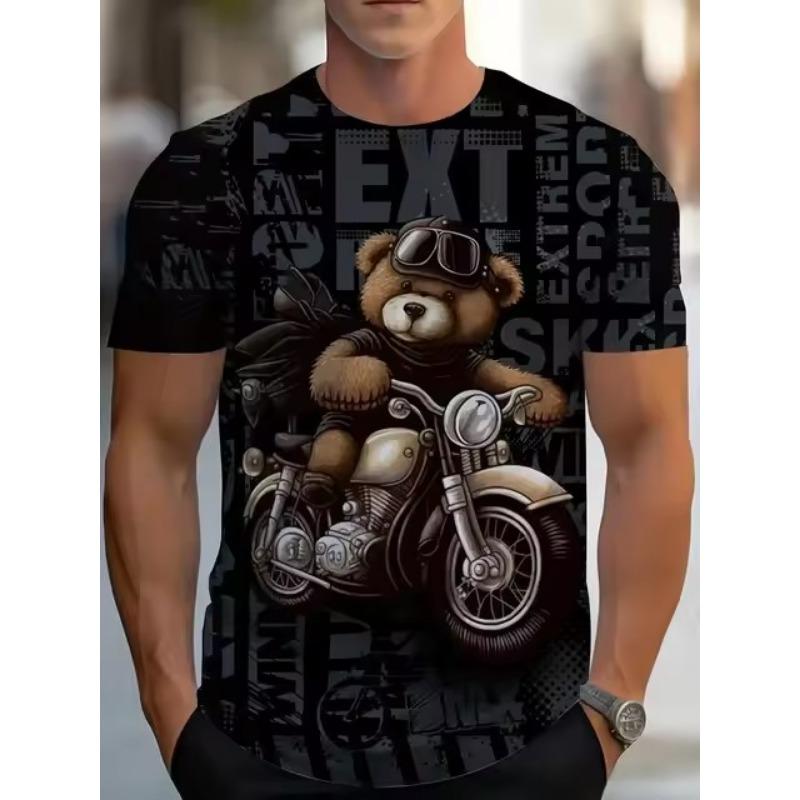 Cool Dog Motorcyclist Tričko s 3D digitálním vzorem pro muže, tričko Street Style Crew Neck Neck, ležérní top s krátkým rukávem, pánské oblečení na letní denní nošení