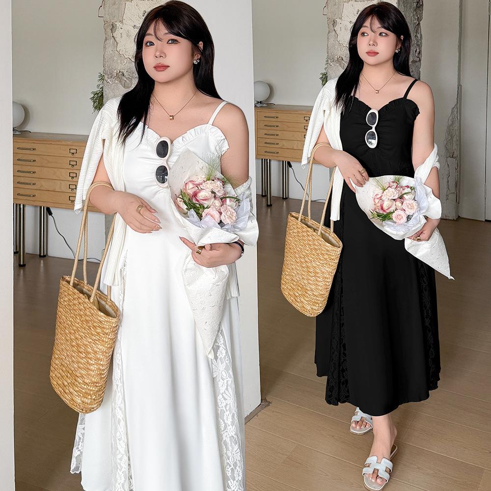 Women's Loose Fit A Line Slip Dress Sleeveless Ruffle Trim Lace Patch Midi Dress