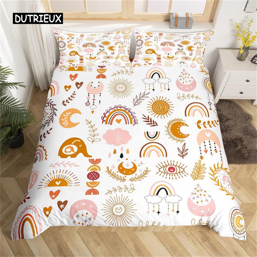 Cute Rainbow Duvet Cover Set Single for Microfiber Cartoon Bedding Set Sun Moon Star Comforter Cover Teens Girls Room Decor