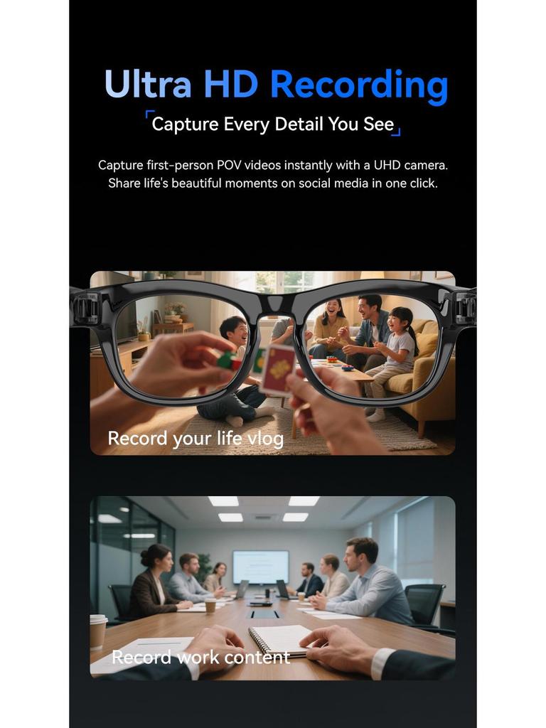 Smarte Navigationsbrille mit 800W HD-Kamera, KI-Videoübersetzung, Bluetooth und Aufnahmeerkennung