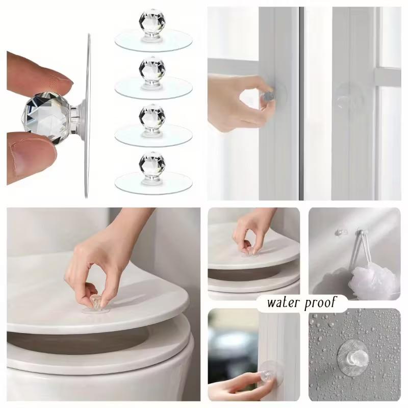 8pcs Transparent Crystal Door Knobs, Self-Adhesive Drawer Handles with Hooks for Cabinet Furniture
