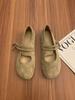 Retro Mori literary and artistic style frosted leather Mary Jane shoes one-word buckle with shallow mouth round head flat-bottomed ballet single shoes