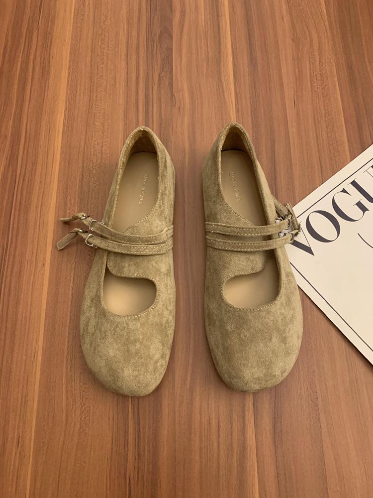 Retro Mori literary and artistic style frosted leather Mary Jane shoes one-word buckle with shallow mouth round head flat-bottomed ballet single shoes