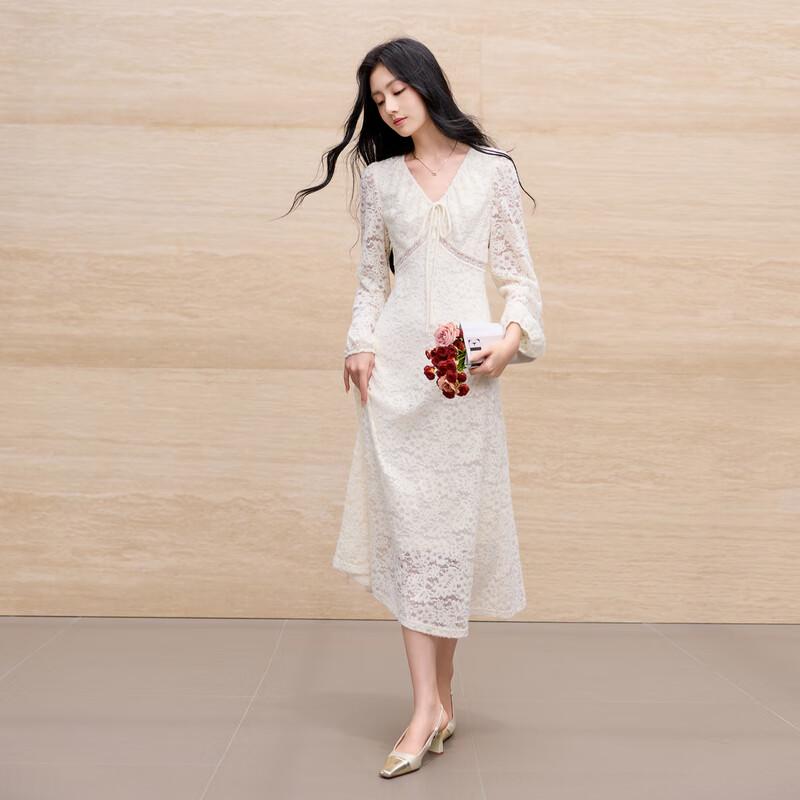 Sancai 2025 Autumn French V-Neck Lace A-Line Long Dress