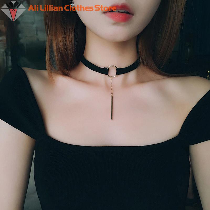 Hot Sale Fashion Punk Black Brown Leather Choker Necklace For Women Girls Geometry Round Pendant Collar Necklace Collier