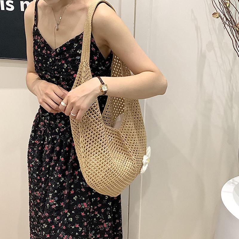 Trendy Hollow Out Weave Straw Bag Bohemian Beach Handbag Hollow Tote Bag Large Capacity Shopping Beach Bag