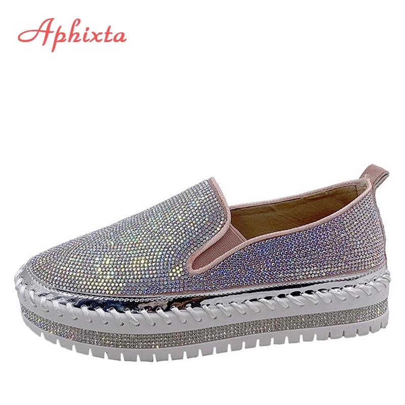 Fashion Aphixta Luxury Crystals Flats Women Slip On Red Pink Khaki Women Sexy Platform Casual Women Shoes Flats Female Rhinestone Loafer