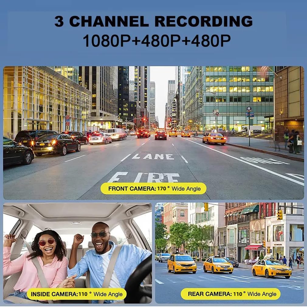 3-channel Wifi dash cam for car, front and rear internal 1080P car DVR, Super