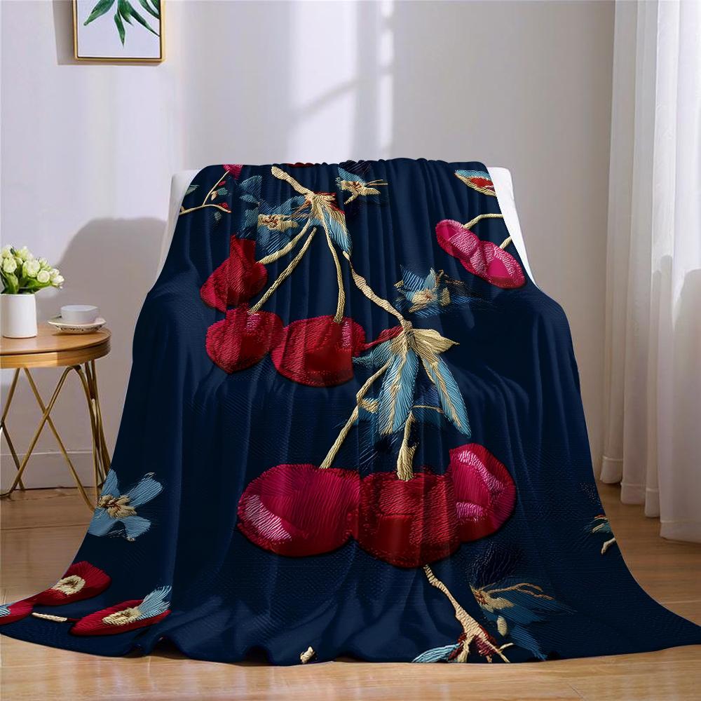 Velvet Cherry Embroidery Flannel Blanket Warm Soft Halloween Christmas Couch Warm Cozy Decorative Decor Gift for All Season