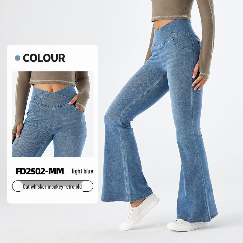 High Waist Stretch Flare Yoga Denim Pants with Cat Whisker Design