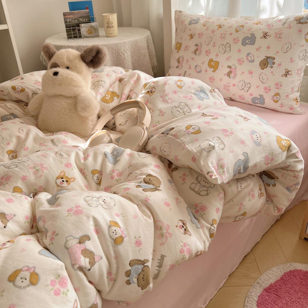 Class A Mother and Baby Grade Pure Washed Cotton Four-piece Set Ins Small Fresh Bed Sheet Quilt Cover Student Dormitory Style Bedding Set