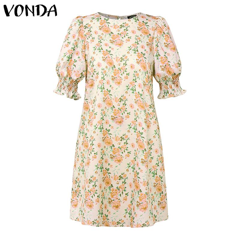

VONDA Summer Women O-neck Puff Sleeve Zip-up Floral Print Casual Tunic Sundress 5XL жёлтый