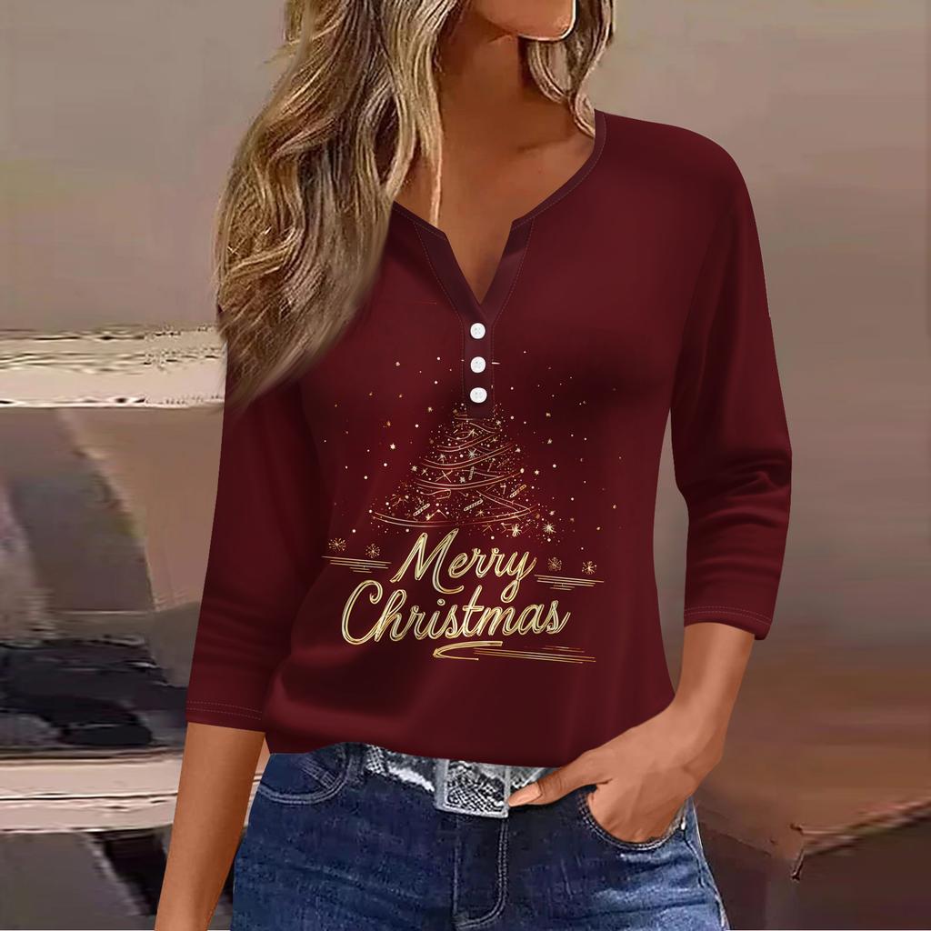Women's Fashion Casual Christmas Tree Print V-Neck Decorative Button Three-Quarter Sleeve T-Shirt Top
