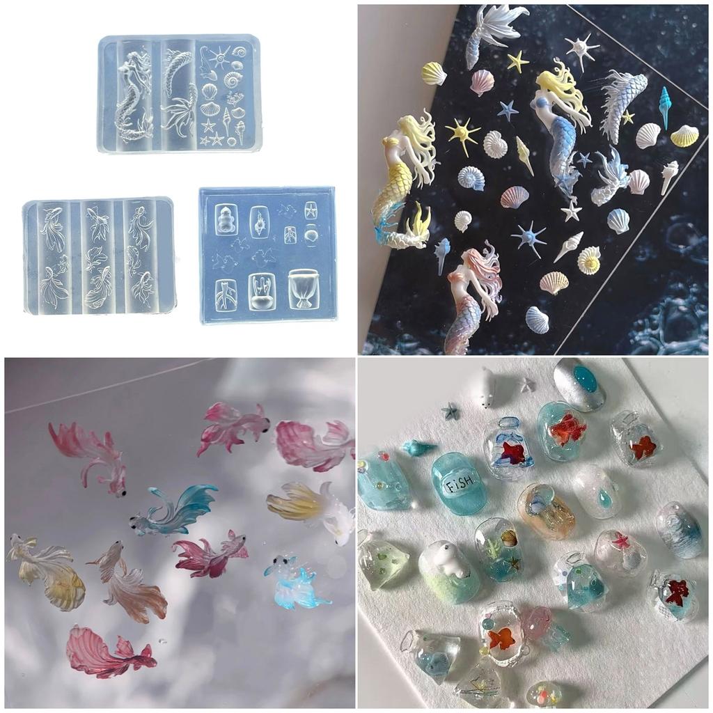 Silicone Nail Art Mould With Sea Shell Fish and Mermaids Patterns Easy Demolding for Manicure