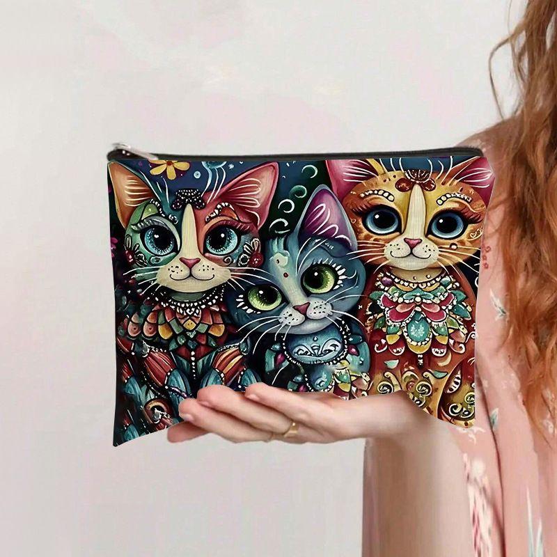 Retro Katzen Kosmetiktasche Leinwand Reißverschluss Große Kapazität Federmäppchen Kosmetikaufbewahrung Handwaschtasche